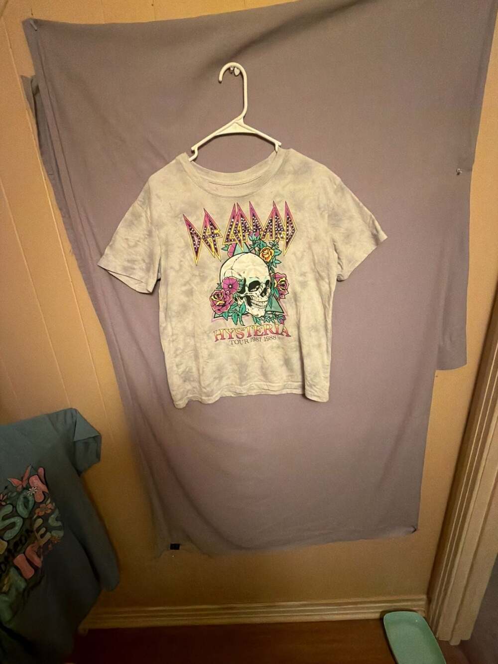Def Leppard Hysteria Tour T-Shirt Gray Tie Dye Skull Graphic